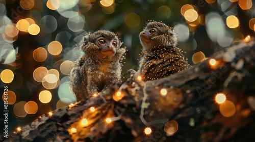 Mesmerizing shot of a Western pygmy marmoset in the wild, with sparkling bokeh lights adding a touch of sparkle and wonder to the enchanting rainforest scene. photo