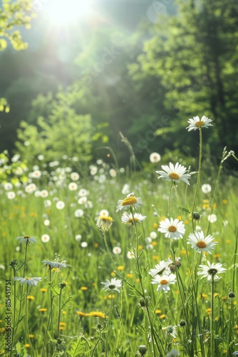 Vibrant spring meadow with daisies and dandelions under bright sunlight