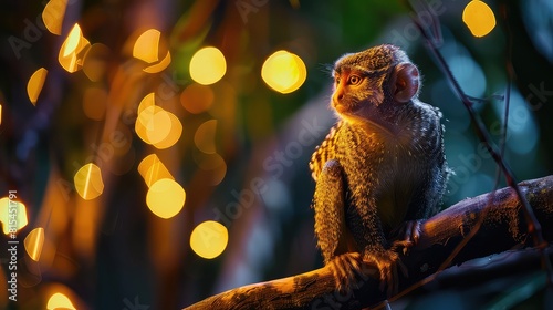 Spellbinding image of a Western pygmy marmoset perched in the jungle, with soft bokeh lights in the background creating a magical ambiance that highlights the primate's beauty.
