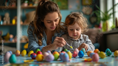 A woman and a child are painting Easter eggs together