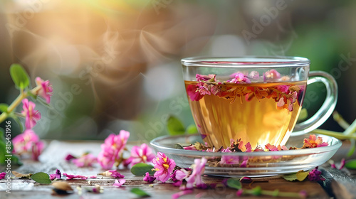 Cup of Herbal Tea with Pink Blossoms