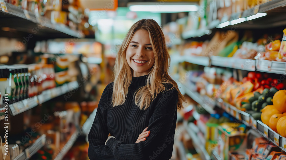 A woman standing in a grocery store aisle. A woman standing in a grocery store aisle.