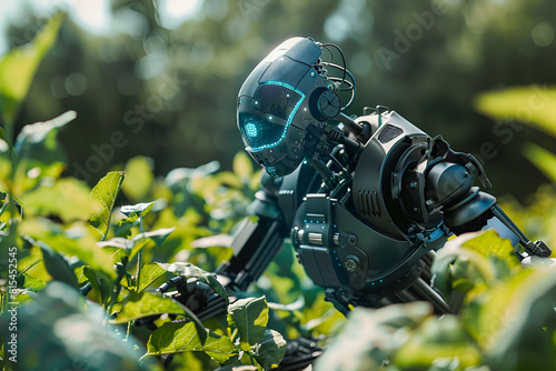A highly detailed image of a robot engaged in agricultural tasks among green plants, illustrating the fusion of robotics and nature to revolutionize farming techniques.