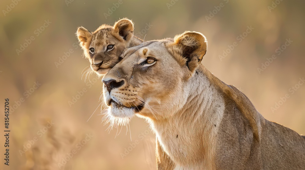 Intriguing composition of an African lioness carrying her cub in her mouth, the cub's curious gaze and the lioness's watchful demeanor adding depth and emotion to the captivating scene. Intriguing composition of an African lioness carrying her cub in her mouth, the cub's curious gaze and the lioness's watchful demeanor adding depth and emotion to the captivating scene.