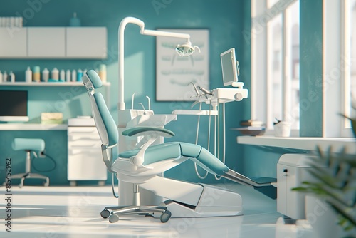 Dental chair and dental equipment in a blue colored background. Dentist office interior design, 3D rendering illustration. copy space for text.