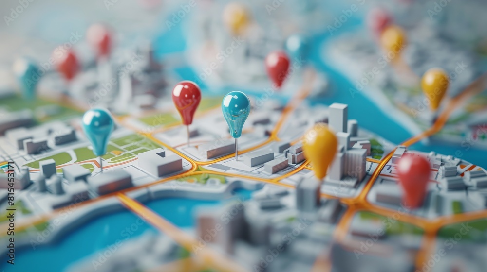 Event Planning: A 3D vector illustration of a map with pins for event planning