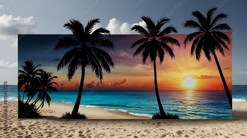 sunset on the beach large tropical cutout backdrops with palm trees and 3D rendering in png format.
