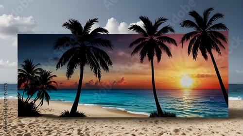 sunset on the beach large tropical cutout backdrops with palm trees and 3D rendering in png format. © Bilal