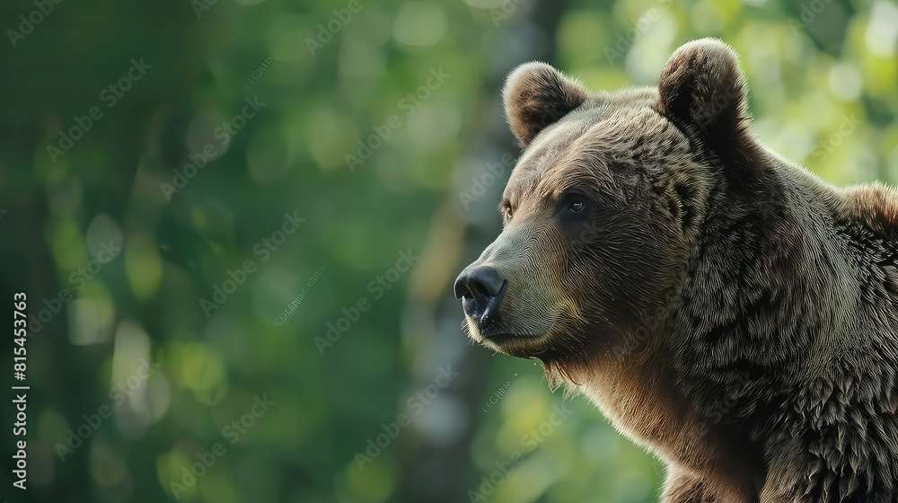 Obraz premium Enigmatic close-up of a brown bear with a soft bokeh of greenery in the background, conveying a sense of mystery and intrigue in the wilderness. 