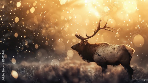 Captivating image of an elk during the rut, the shimmering bokeh background accentuating the intensity of the moment as the bull asserts its dominance. photo