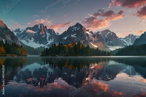 A majestic landscape of towering mountains, their peaks shrouded in mist, reflected in the crystal clear waters of a serene lake. The sky above is a canvas of swirling colors, hinting at the otherworl