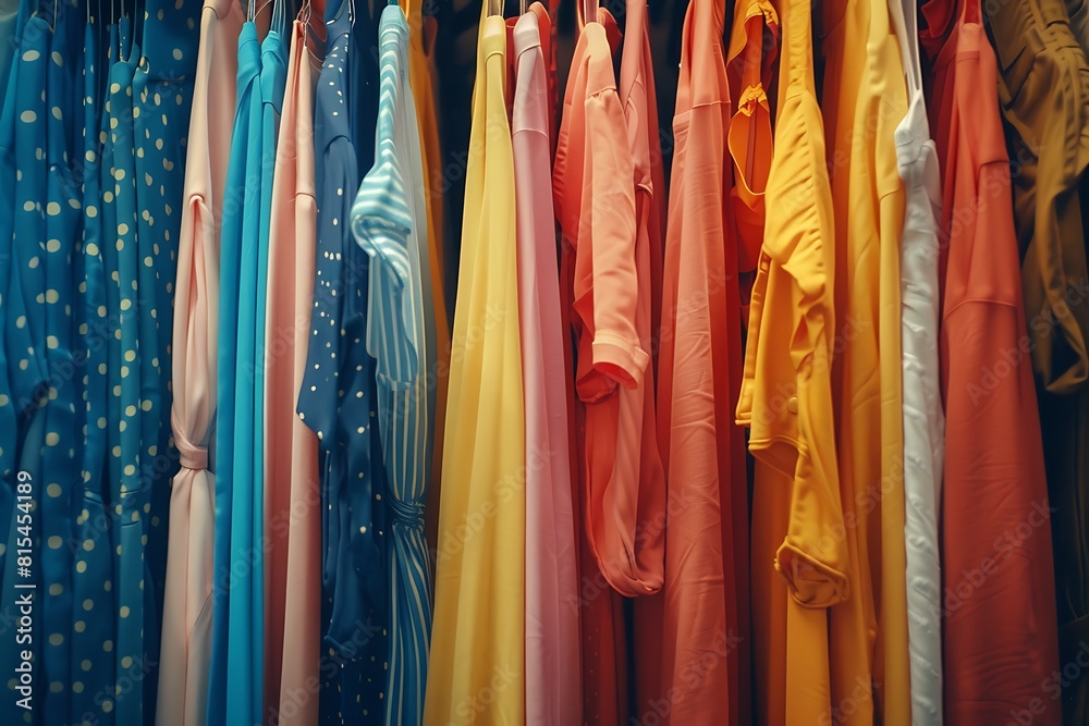 Vibrant Variety: Assorted Clothes Hanging on Colorful Rack for Shopping or Wardrobe