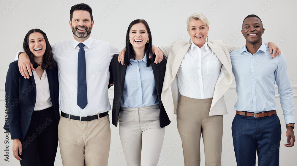 Obraz premium Group, people and smile in portrait with hug at workplace in unity as colleagues in white background. Diversity, community and support at company in collaboration with confidence or pride at office