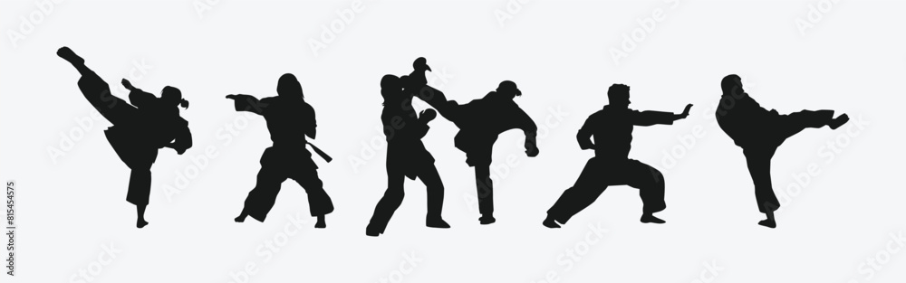 Set of silhouettes of karateka, male and female athletes. Martial arts, competition, fighting. Different pose, movement on isolated background. Vector illustration. Set of silhouettes of karateka, male and female athletes. Martial arts, competition, fighting. Different pose, movement on isolated background. Vector illustration.