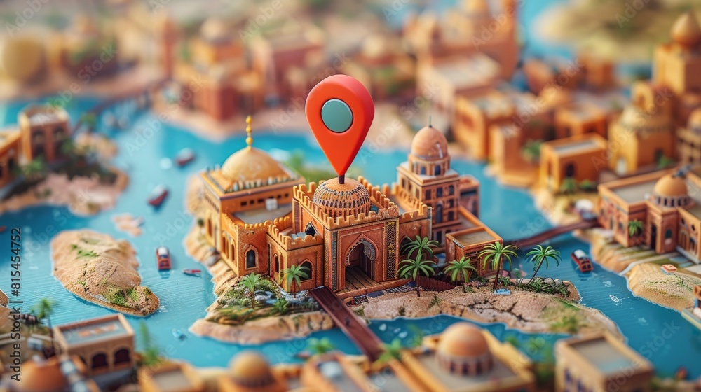 Fototapeta premium Travel Destination: A 3D vector illustration of a map with a pin highlighting a cultural travel destination