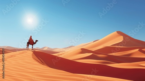 Travel and Exploration  A 3D vector illustration of a traveler riding a camel through a desert