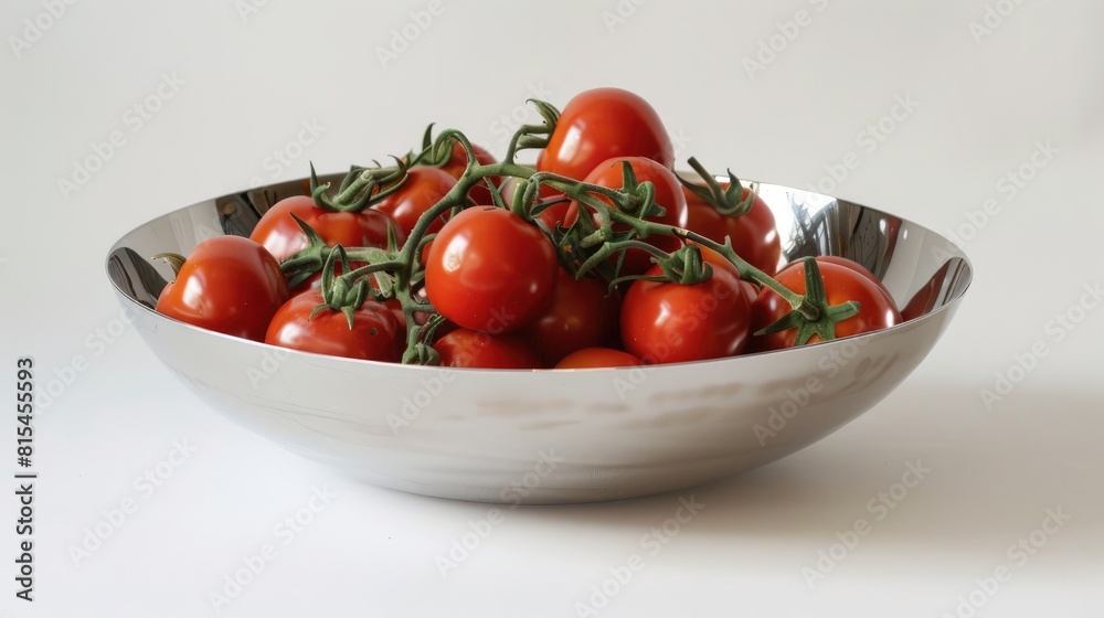 A stainless steel fruit bowl brimming with tomatoes A stainless steel fruit bowl brimming with tomatoes