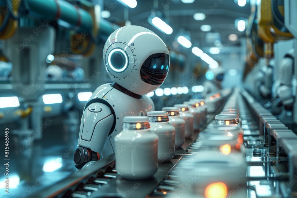 Side view of an AI robot standing on a conveyor belt for eco cosmetics in a factory, linear conveyo Side view of an AI robot standing on a conveyor belt for eco cosmetics in a factory, linear conveyo