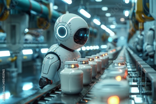 Wallpaper Mural Side view of an AI robot standing on a conveyor belt for eco cosmetics in a factory, linear conveyo Torontodigital.ca