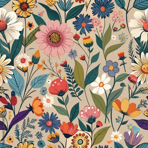 Seamless pattern of romantic wildflowers in a nostalgic color palette, Generative AI 