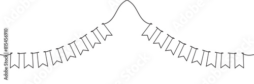 Continuous line art drawing buntings garland. Celebration party hand drawn flags. Vector linear illustration isolated on white background. EPS 10/AI
