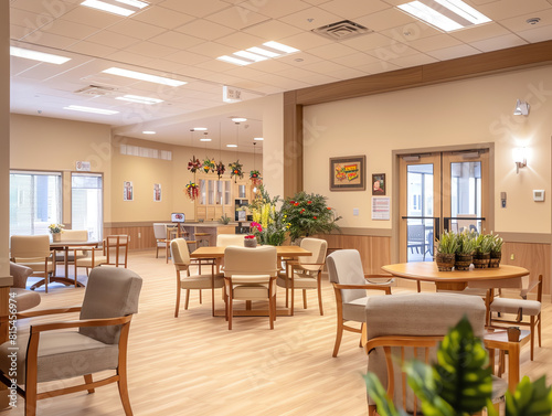 focus on  activities in eldercare center theme  vibrant  Composite  community center as backdrop.