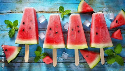 Watermelon slice popsicles on a blue rustic wood background