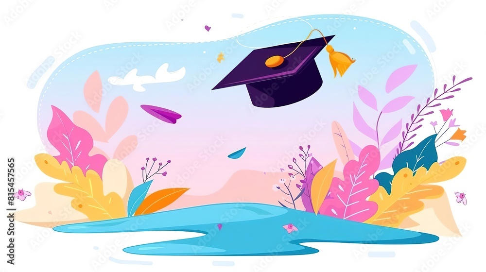 A graduation cap flies through the air above a field of flowers. The cap represents the student's achievement and the flowers represent the new opportunities that await them. A graduation cap flies through the air above a field of flowers. The cap represents the student's achievement and the flowers represent the new opportunities that await them.