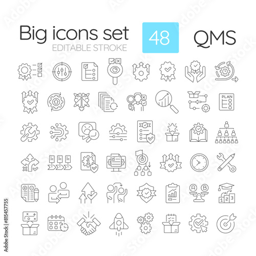 QMS linear icons set. Performance improvement. Measurable goals, accountability. Lean management. Customizable thin line symbols. Isolated vector outline illustrations. Editable stroke