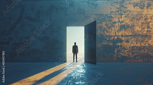 A man stands in front of an open door, looking out into the distance