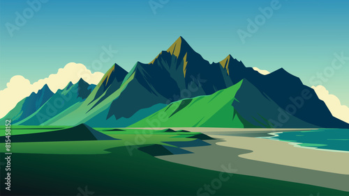  Impressive summer view of green dunes on the Stokksnes headland with Vestrahorn mountain on background, flat vector illustration photo