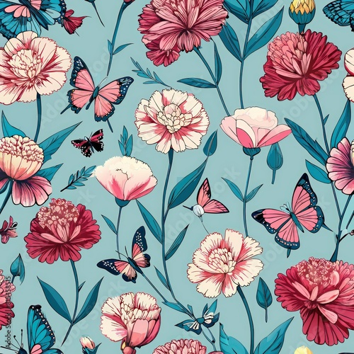 Seamless pattern of vintage carnations paired with whimsical butterflies  Generative AI