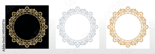 Set of decorative frames Elegant vector element for design in Eastern style, place for text. Floral black, golden and gray borders. Lace illustration for invitations and greeting cards