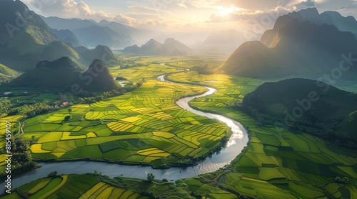 Majestic himalayan sunrise over lush rice terraces and tranquil mountain river landscape photo