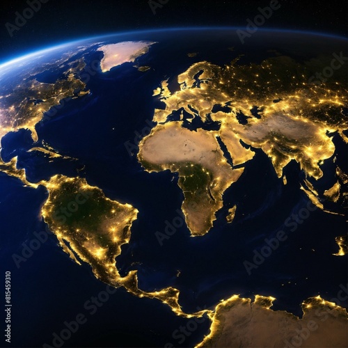 Aerial view of the world at night under influence of artificial light, ultra realistic image 