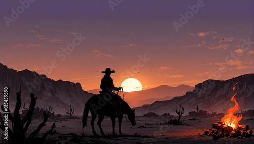 A black horse silhouette stands against a fiery desert sunset in this western-themed vector illustration