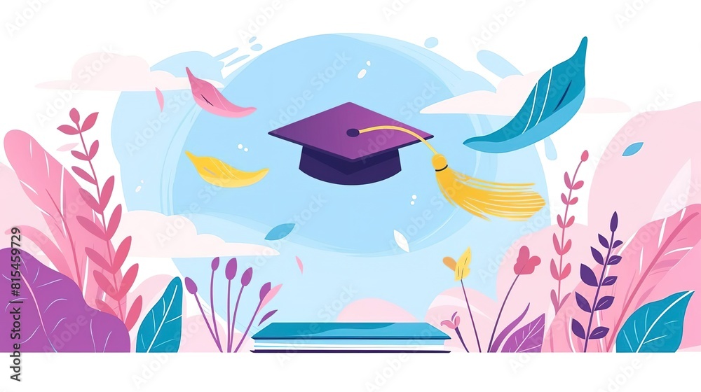 A graduation cap flies through the air above a book. The cap is purple with a gold tassel. The background is a blue sky with white clouds. A graduation cap flies through the air above a book. The cap is purple with a gold tassel. The background is a blue sky with white clouds.