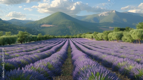 Close-up of lavender field in france with mountain backdrop in sunny summer weather