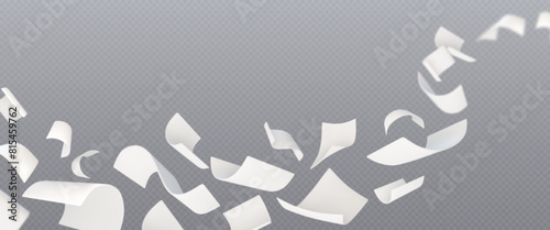 White curled paper sheet flying with wind blow diagonally on transparent background. Realistic 3d vector illustration of floating in air empty curved document pages. Mockup of scattered flying note. photo