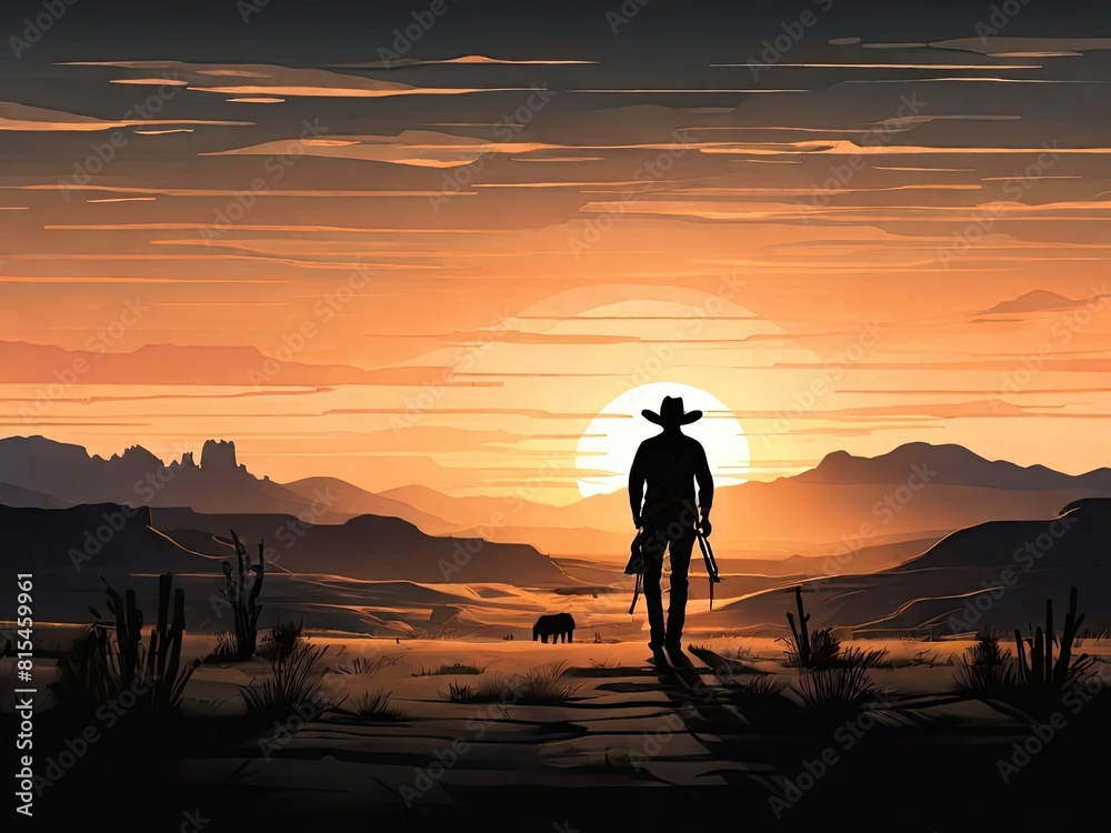 A black horse silhouette stands against a fiery desert sunset in this western-themed vector illustration A black horse silhouette stands against a fiery desert sunset in this western-themed vector illustration