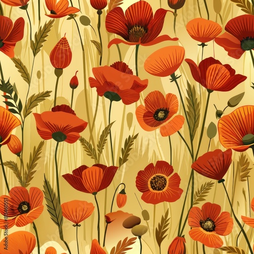 Seamless pattern of vintage poppies swaying in a rustic field  Generative AI
