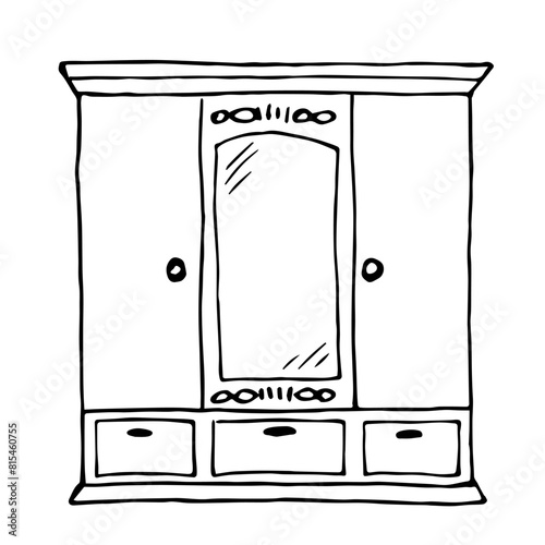 Vintage wardrobe with a mirror. Closet, interior items, furniture. Simple black outline vector drawing. Sketch in ink. photo