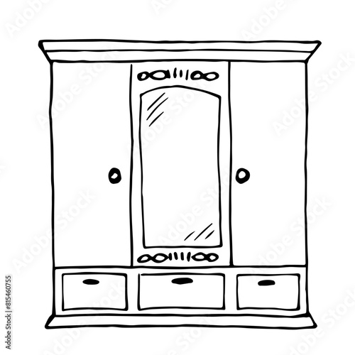 Vintage wardrobe with a mirror. Closet, interior items, furniture. Simple black outline vector drawing. Sketch in ink.