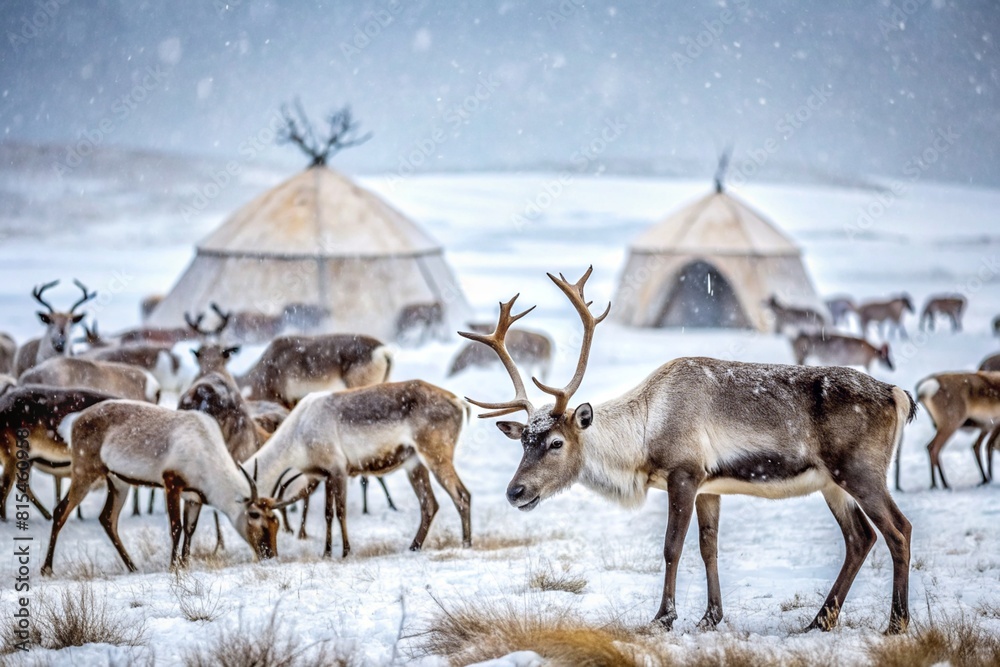 Reindeer graze against the background of a tundra landscape and a winter yurt. Snow is falling. Snowstorm.