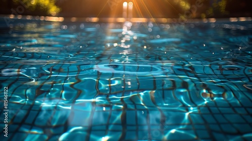 Sunlight reflections on a swimming pool with tiles  creating vibrant patterns in water.