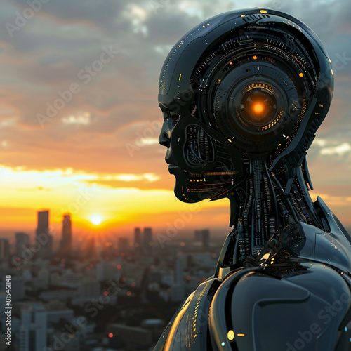 A futuristic robot is standing and watching the world. right side
 photo