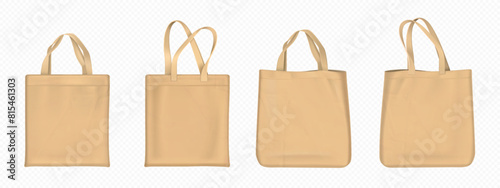 Eco cloth tote bag vector. Fabric shopper mockup. Reusable cotton totebag with handle template. Blank shopping 3d isolated realistic concept mock up on transparent background use for beach or grocery