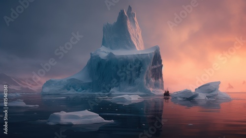 Iceberg in a serene ocean environment with blue sky. A large white iceberg floating and reflecting with the middle of a ocean. Arctic landscape concept for climate change and nature themes. AIG35.