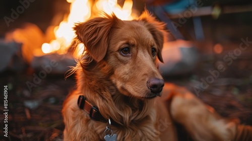 Cozy close-up of a brown dog relaxing by a campfire on a spring evening, perfect for showcasing the appeal of camping with dogs at pet-friendly sites