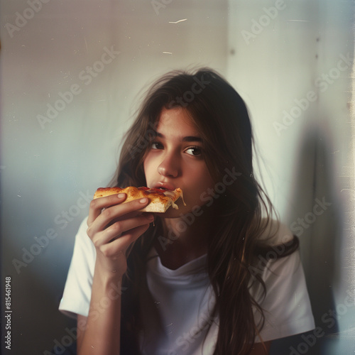 candid photo of a beautiful woman eating pizza with gusto  Ai Generated Images